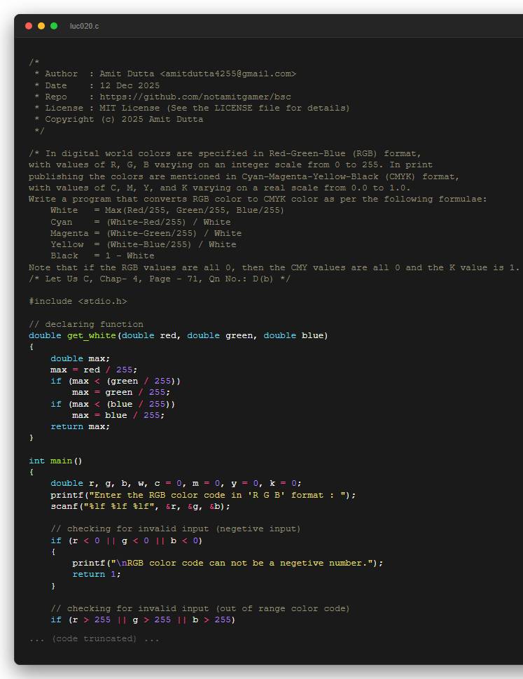 In digital world colors are specified in Red-Green-Blue (RGB) format, with values of R, G, B varying on an integer scale from 0 to 255. In print publishing the colors are mentioned in Cyan-Magenta-Yellow-Black (CMYK) format, with values of C, M, Y, and K varying on a real scale from 0.0 to 1.0. Write a program that converts RGB color to CMYK color as per the following formulae: White   = Max(Red/255, Green/255, Blue/255) Cyan    = (White-Red/255) / White Magenta = (White-Green/255) / White Yellow  = (White-Blue/255) / White Black   = 1 - White Note that if the RGB values are all 0, then the CMY values are all 0 and the K value is 1.
